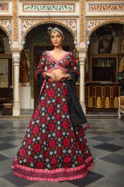 Black Chanderi Silk Geometric Print Lehenga Set