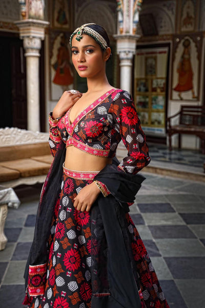 Black Chanderi Silk Geometric Print Lehenga Set