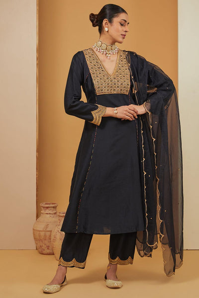 Black Chanderi Silk Placement Hand Embroidery Straight Kurta Pant Set For Women