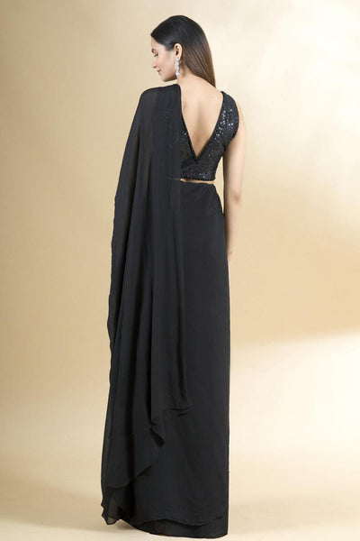 Black Chiffon Pre-draped Saree With Blouse