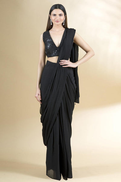 Black Chiffon Pre-draped Saree With Blouse