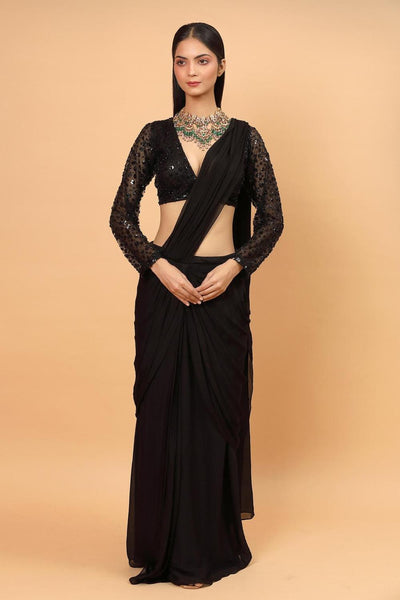 Black Chiffon Pre-draped Saree With Blouse