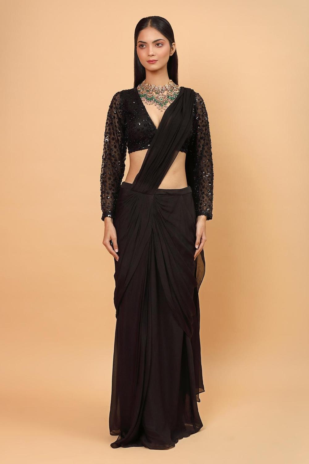 Black Chiffon Pre-draped Saree With Blouse