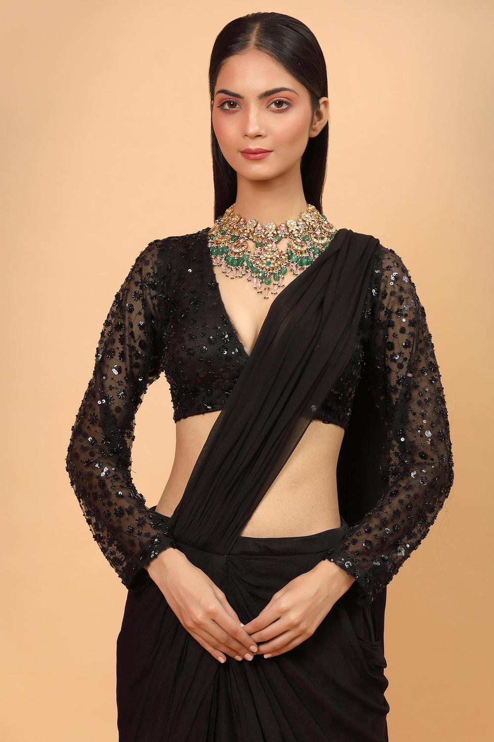 Black Chiffon Pre-draped Saree With Blouse