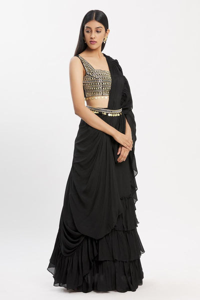 Black Chiffon Ruffle Pre-draped Saree