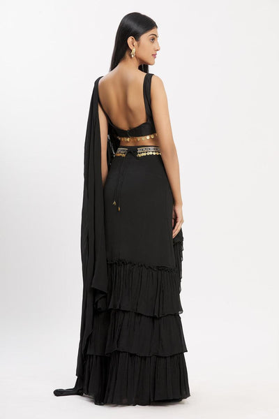 Black Chiffon Ruffle Pre-draped Saree