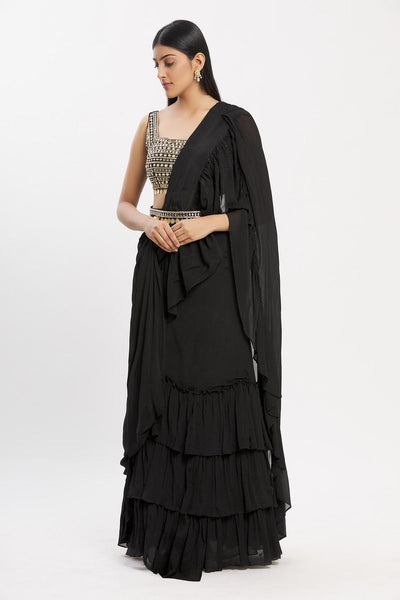 Black Chiffon Ruffle Pre-draped Saree