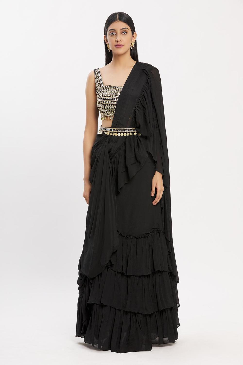 Black Chiffon Ruffle Pre-draped Saree