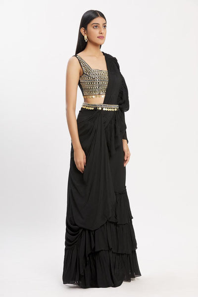 Black Chiffon Ruffle Pre-draped Saree