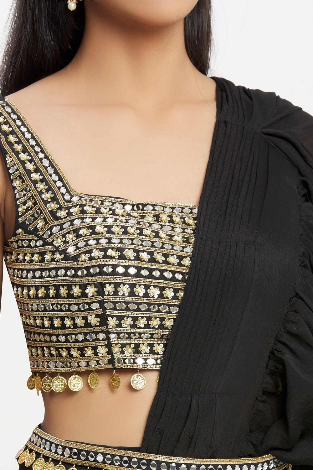 Black Chiffon Ruffle Pre-draped Saree