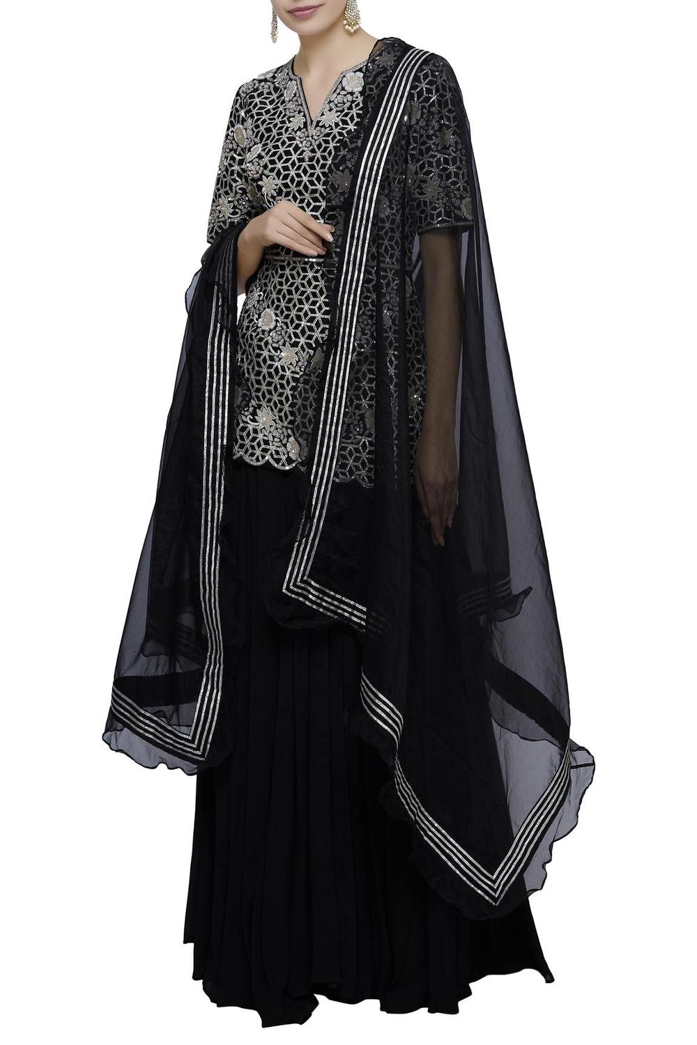 Black Chinon Chanderi Silk Kurta Palazzo Set