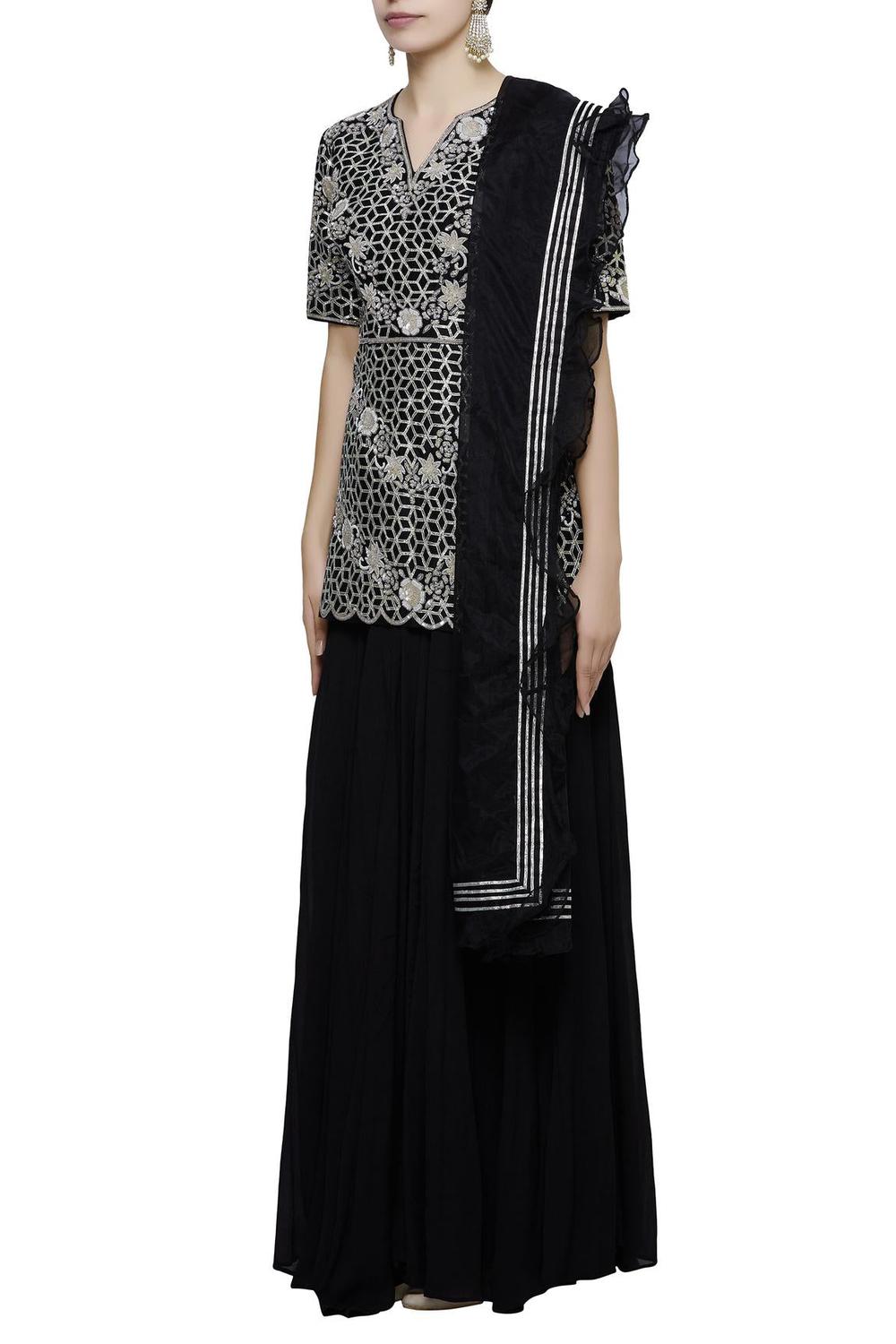 Black Chinon Chanderi Silk Kurta Palazzo Set