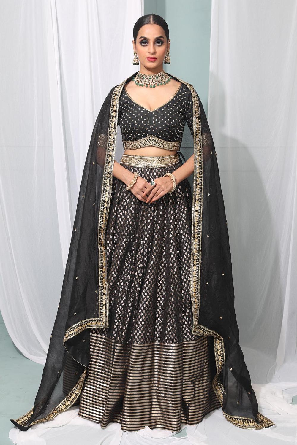 Black Embroidered Banarasi Silk Lehenga Set