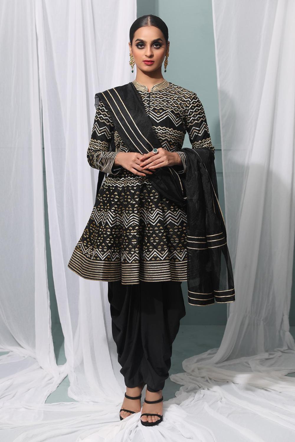 Black Embroidered Chanderi Silk Kurta Set