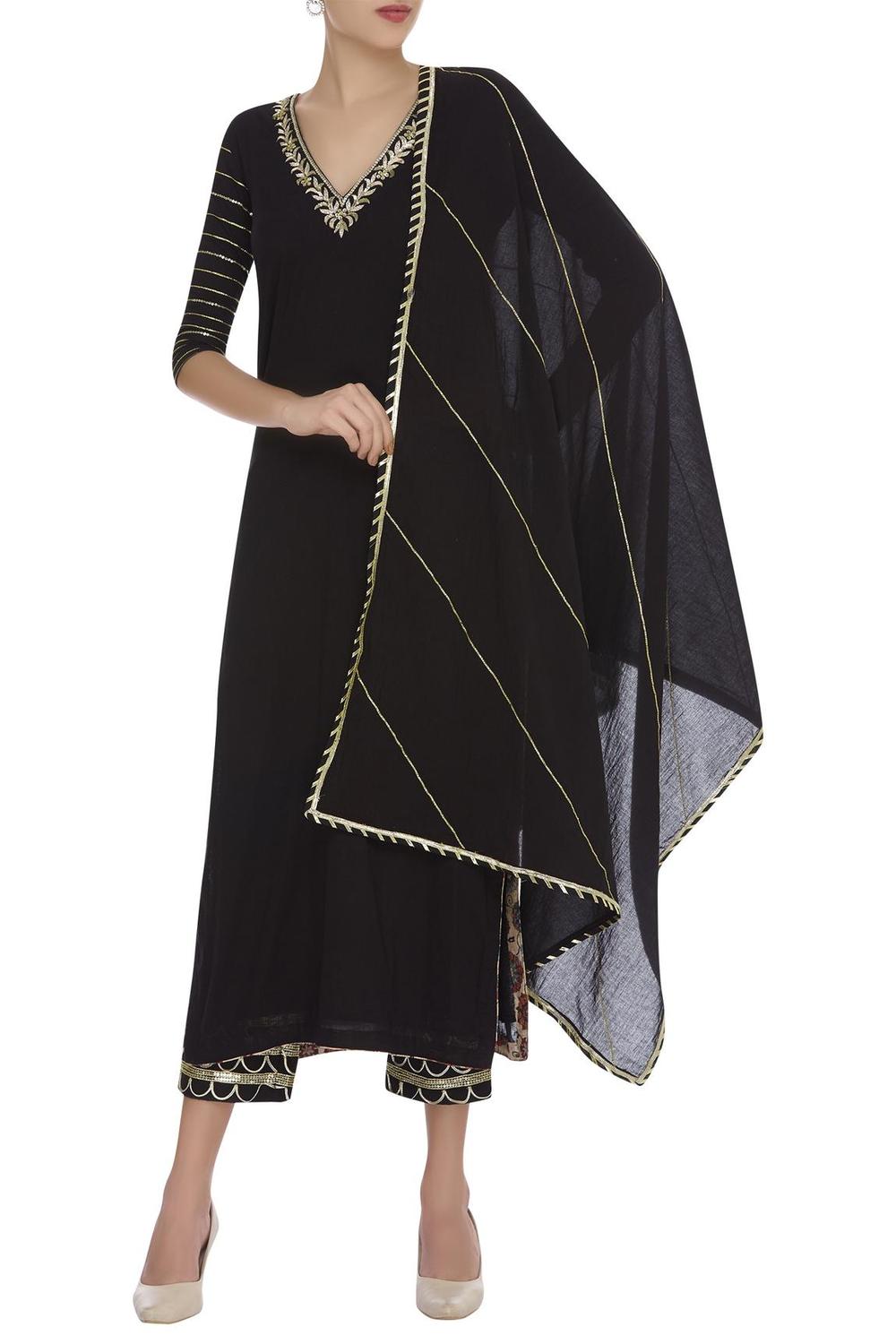 Black Gota And Mukaish Embroidered Kurta Set