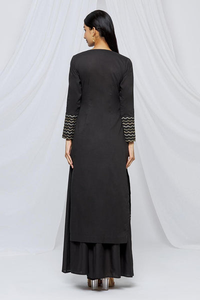 Black Mul Embroidered Kurta Sharara Set