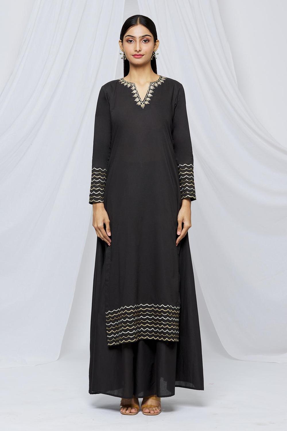 Black Mul Embroidered Kurta Sharara Set