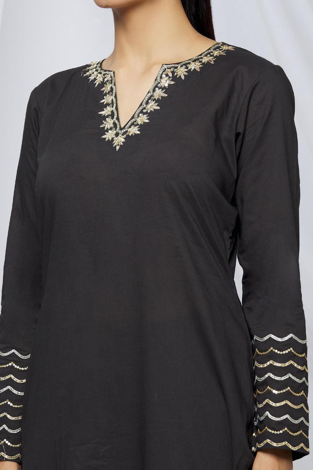 Black Mul Embroidered Kurta Sharara Set