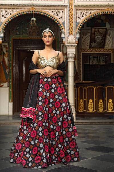 Black Net Geometric Print Lehenga Set