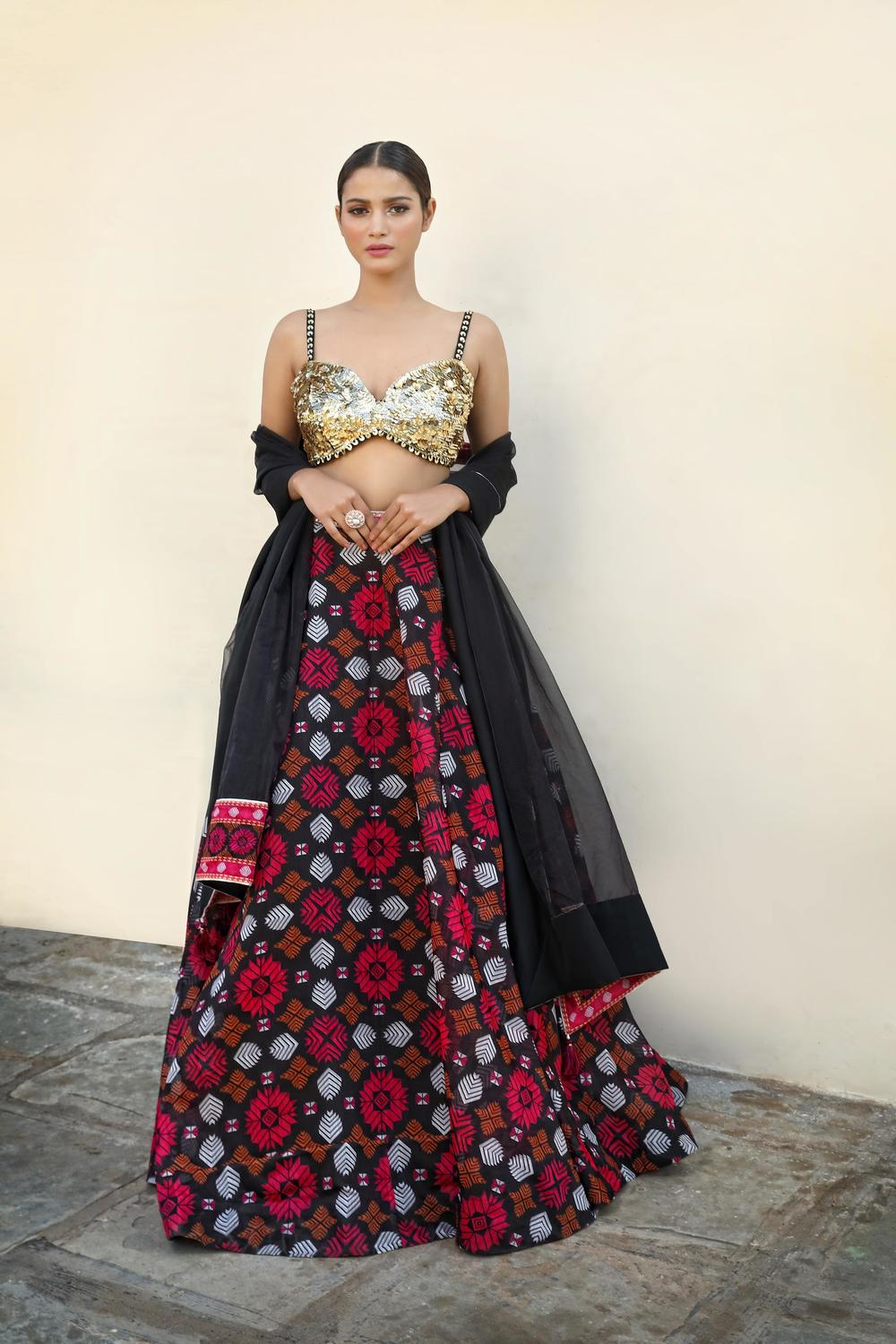 Black Net Geometric Print Lehenga Set