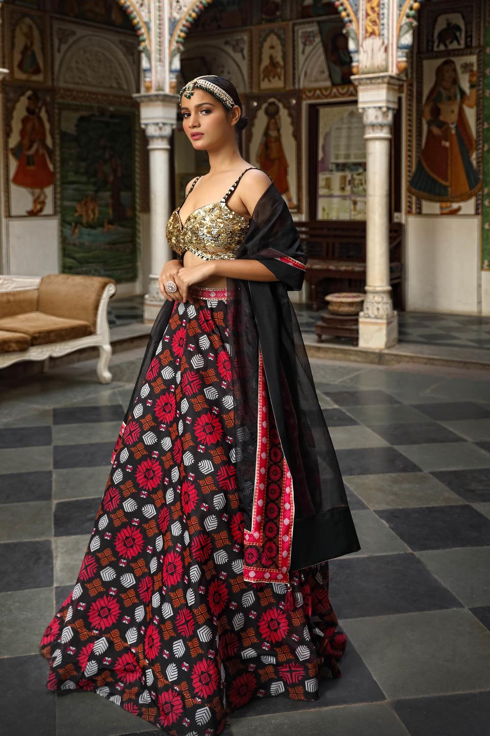 Black Net Geometric Print Lehenga Set