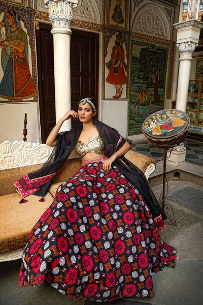 Black Net Geometric Print Lehenga Set