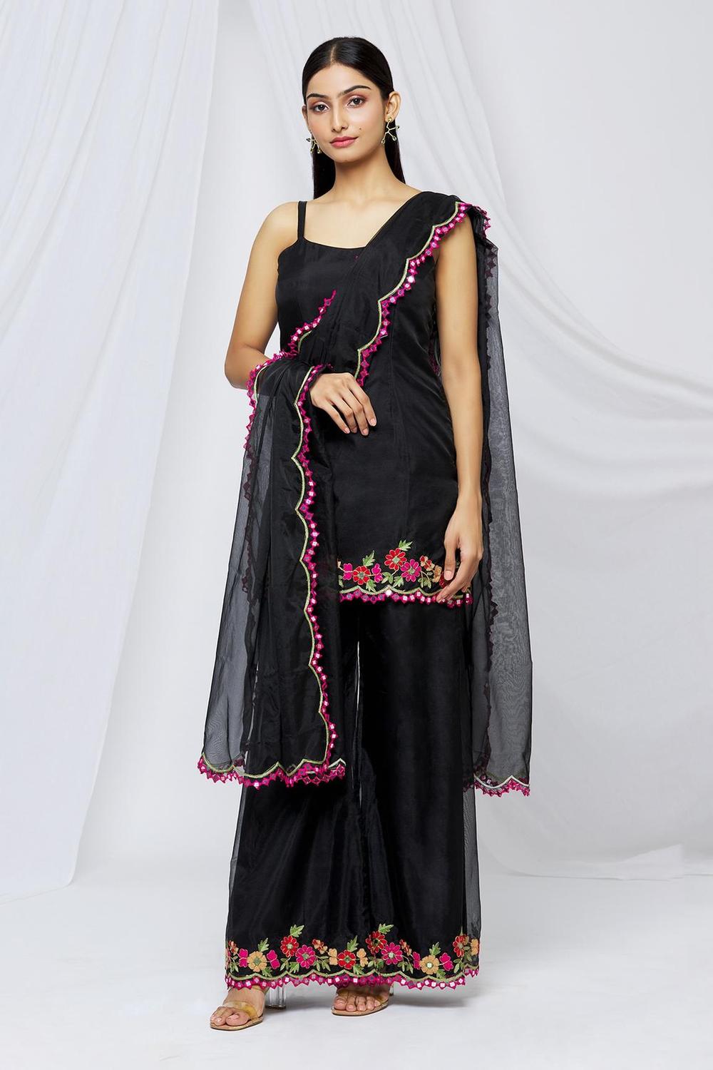 Black Organza Embroidered Kurta Sharara Set