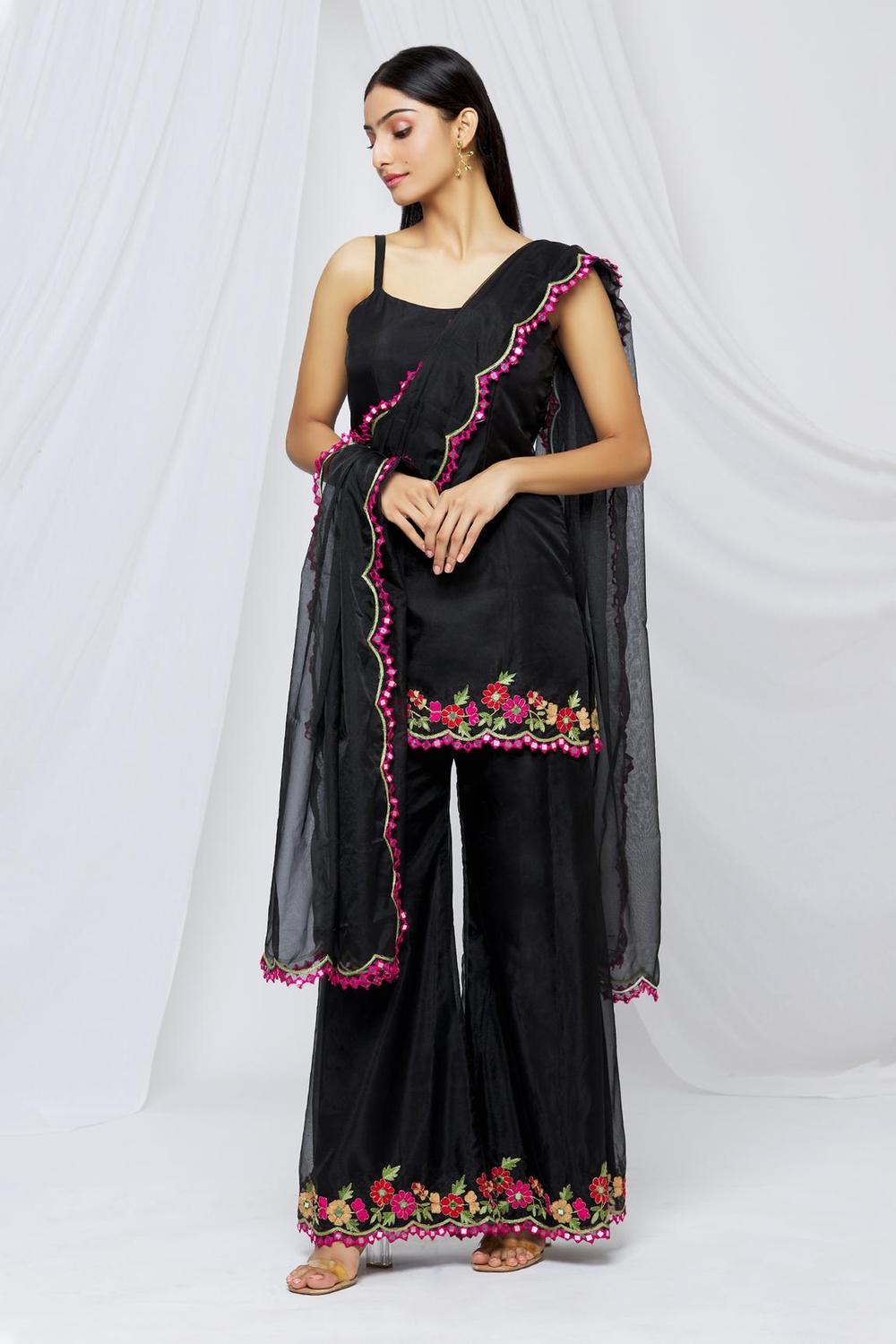 Black Organza Embroidered Kurta Sharara Set