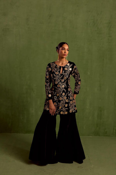 Black Velvet Embroidered Dabka Keyhole Kurta With Sharara