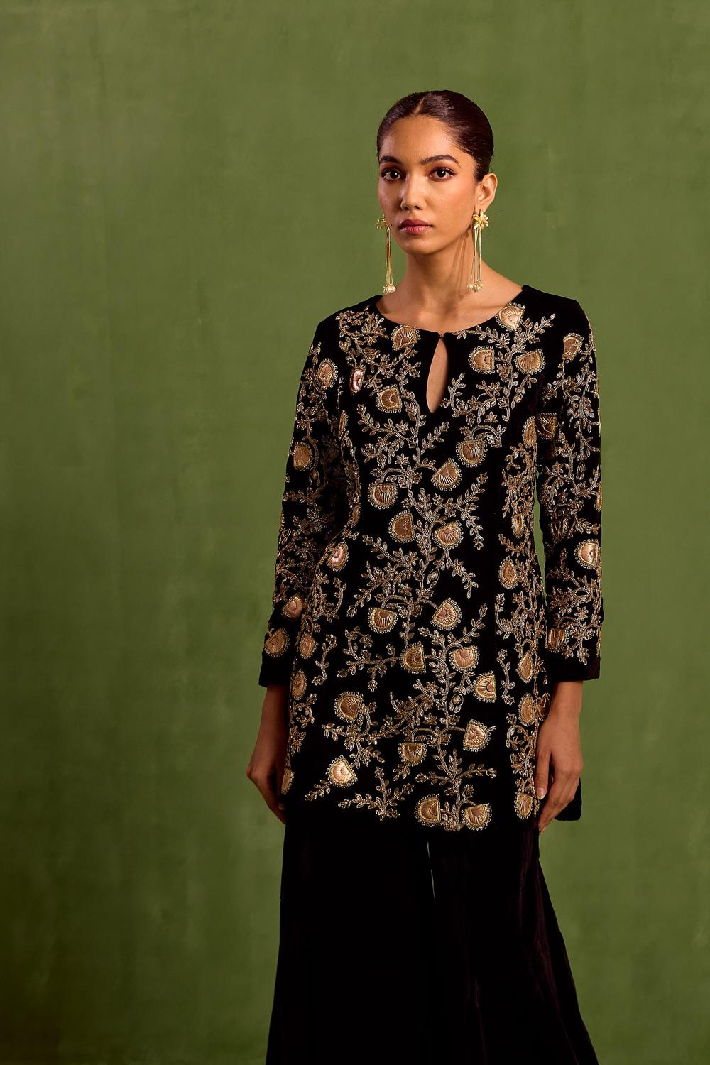 Black Velvet Embroidered Dabka Keyhole Kurta With Sharara