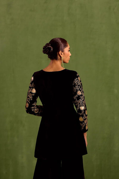 Black Velvet Embroidered Dabka Keyhole Kurta With Sharara