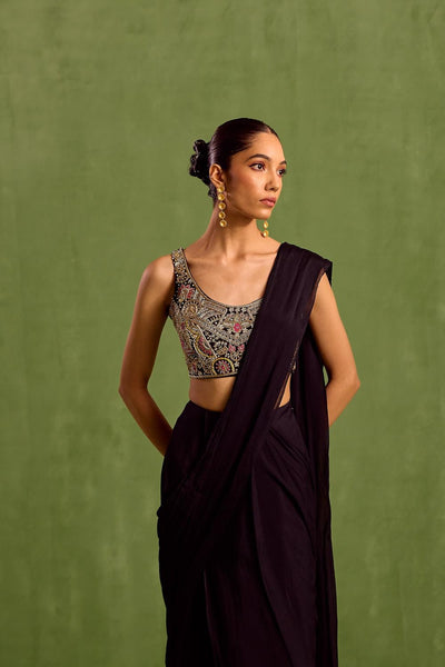 Black Viscose Chinon Embroidered Blouse Sequins Scoop Pre-draped Saree With Hand