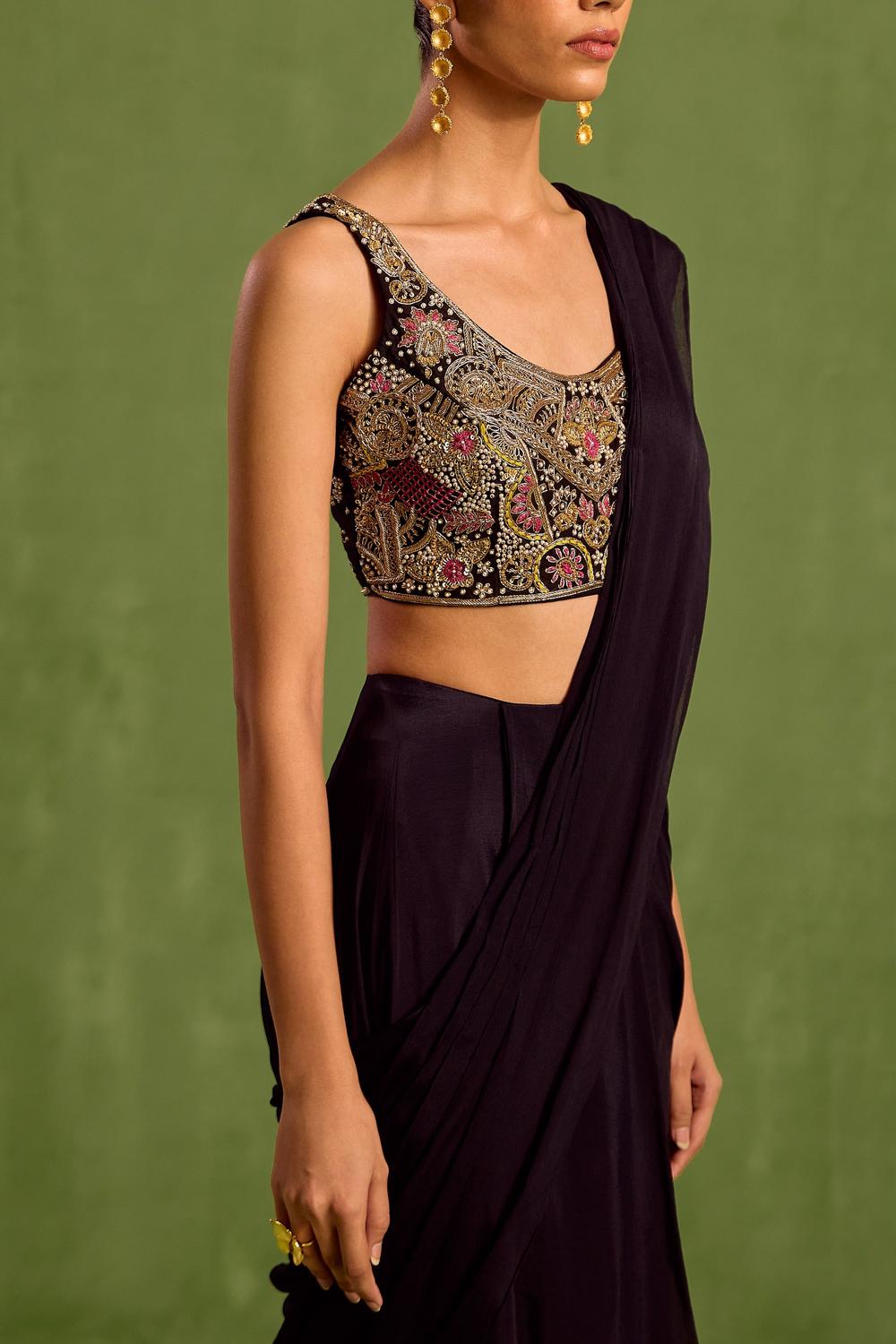 Black Viscose Chinon Embroidered Blouse Sequins Scoop Pre-draped Saree With Hand