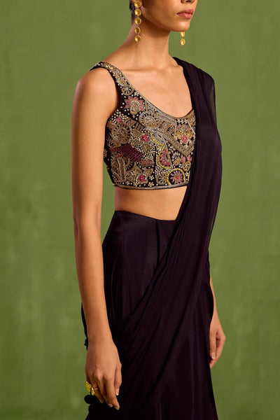 Black Viscose Chinon Embroidered Blouse Sequins Scoop Pre-draped Saree With Hand