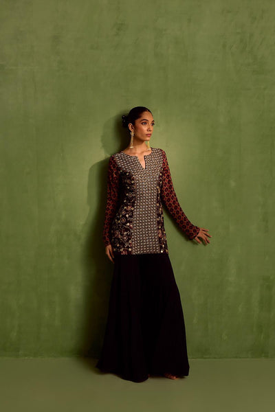 Black Viscose Chinon Print Sequins Notched Hand Embroidered Kurta With Sharara