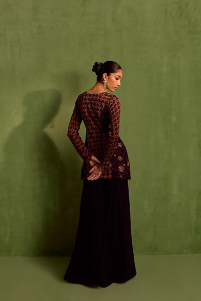 Black Viscose Chinon Print Sequins Notched Hand Embroidered Kurta With Sharara