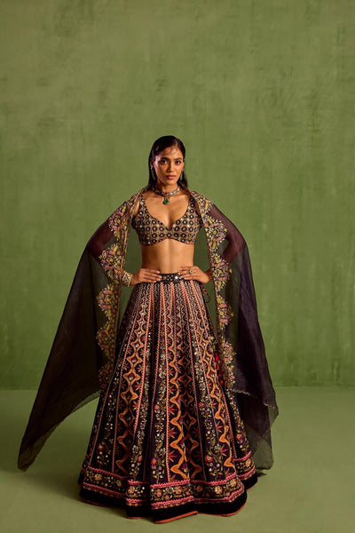 Black Viscose Raw Silk Embellished Bead Geometric Printed Lehenga Set