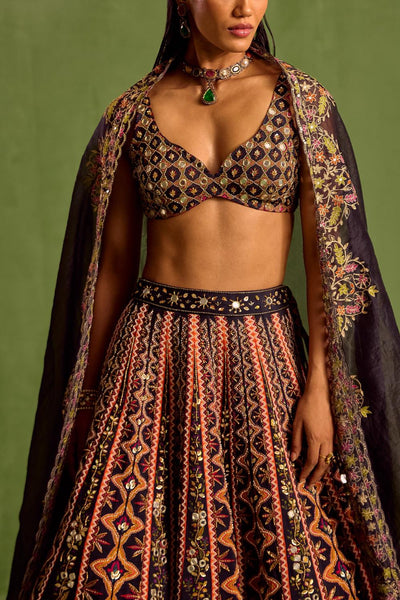 Black Viscose Raw Silk Embellished Bead Geometric Printed Lehenga Set