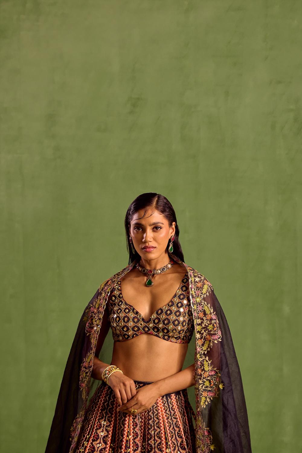 Black Viscose Raw Silk Embellished Bead Geometric Printed Lehenga Set