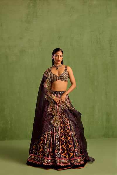 Black Viscose Raw Silk Embellished Bead Geometric Printed Lehenga Set