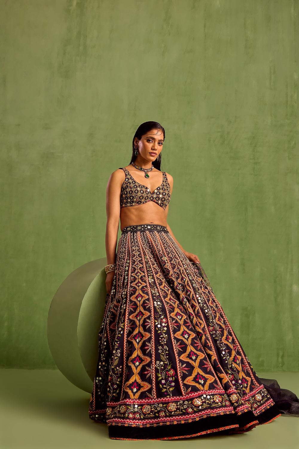 Black Viscose Raw Silk Embellished Bead Geometric Printed Lehenga Set