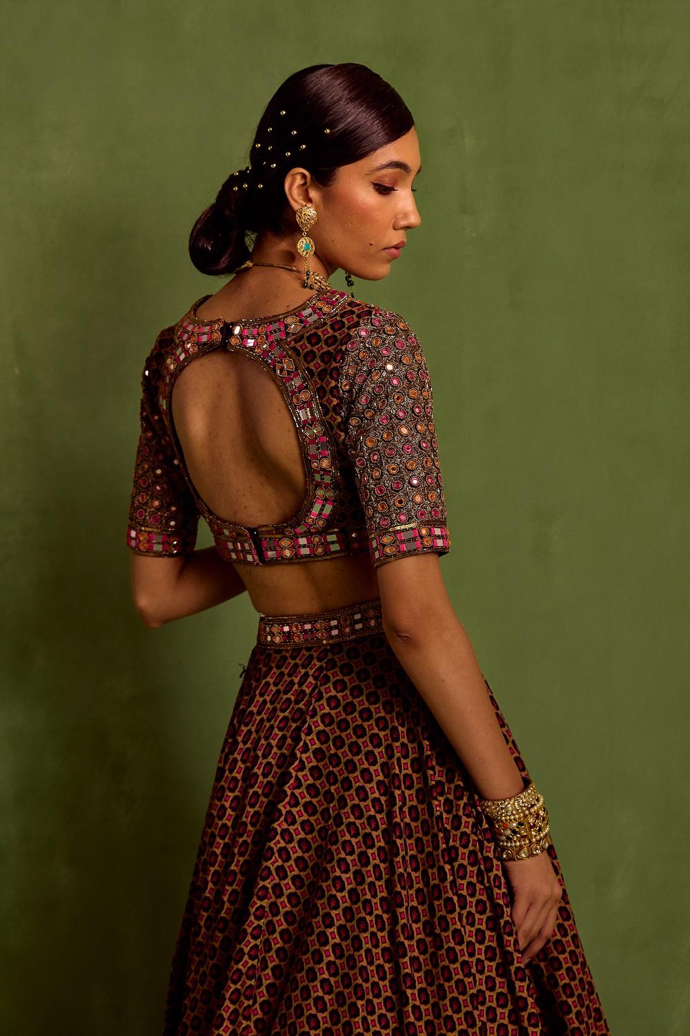 Black Viscose Raw Silk Print Butti V Neck Miniature Lehenga Set