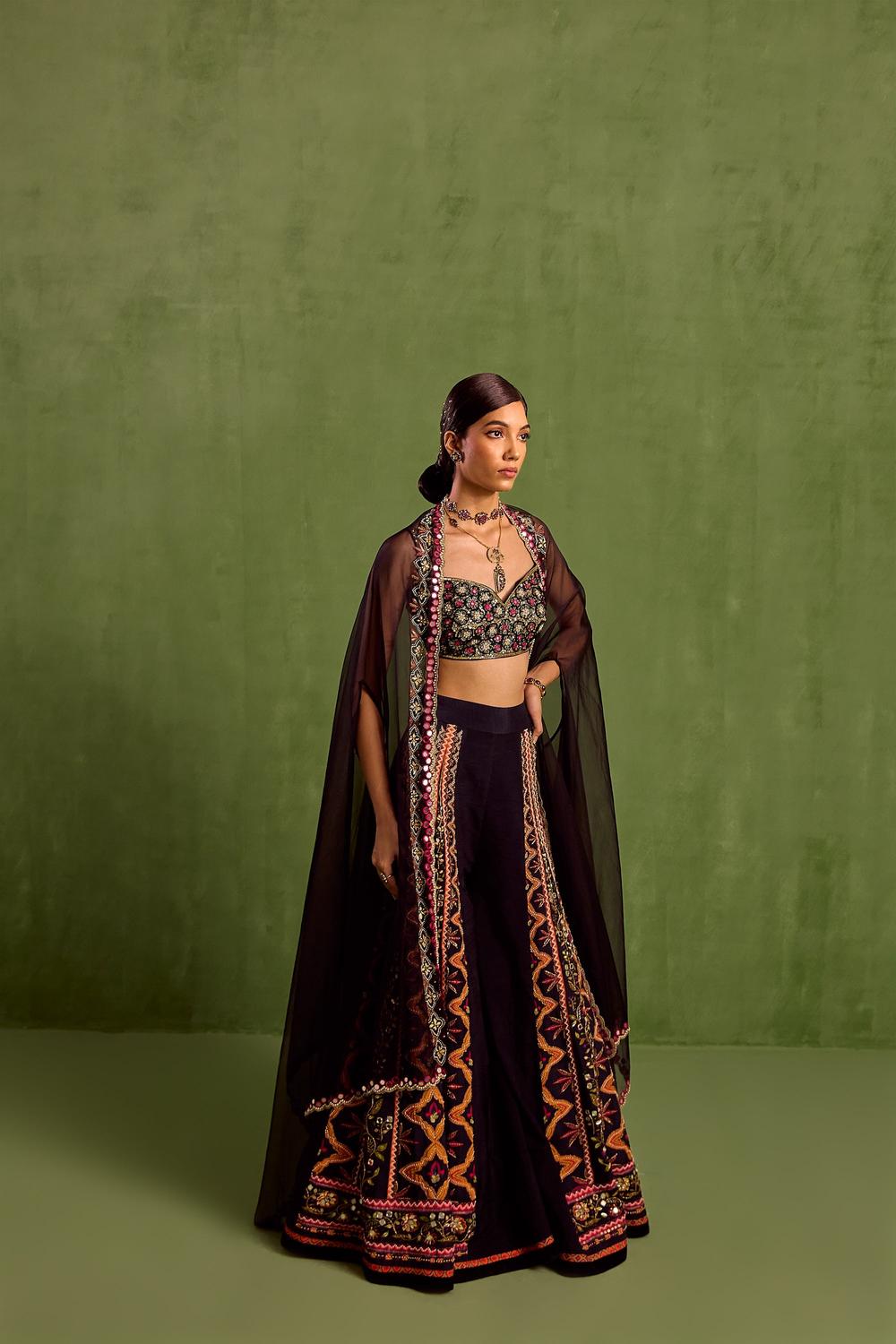 Black Viscose Raw Silk Zari Embroidered Asymmetric Printed Sharara Set