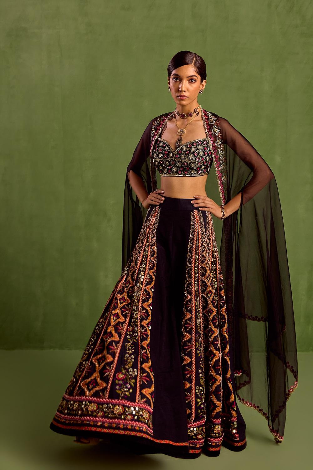 Black Viscose Raw Silk Zari Embroidered Asymmetric Printed Sharara Set