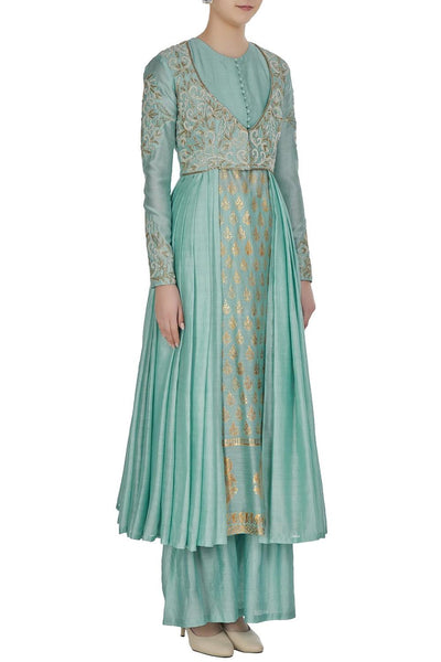 Blue Chanderi Kurta With Gota Pleated Jacket And Pants