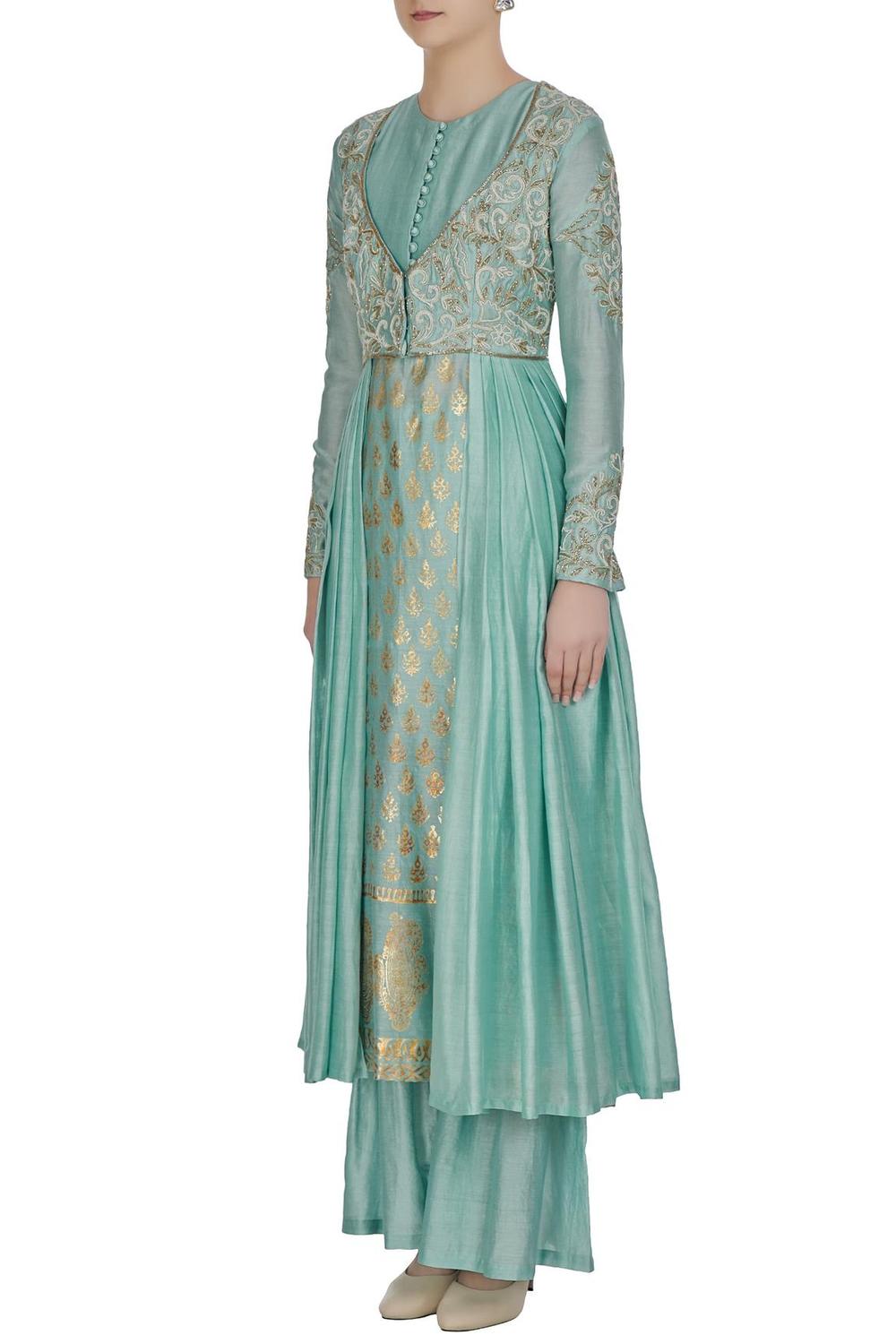 Blue Chanderi Kurta With Gota Pleated Jacket And Pants