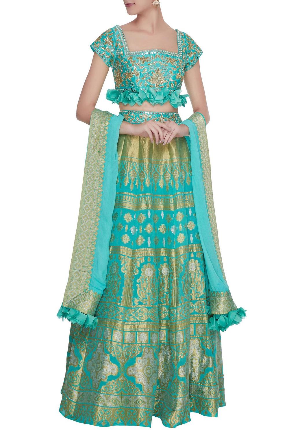 Blue Chanderi Silk Embroidered Lehenga Set