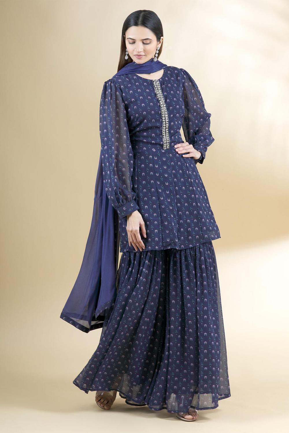 Blue Chiffon Printed Kurta Sharara Set