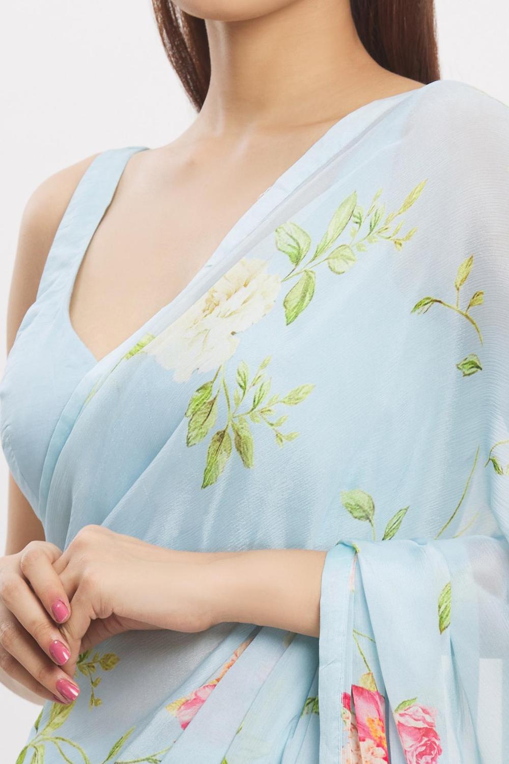 Blue Chiffon Printed Saree With Blouse