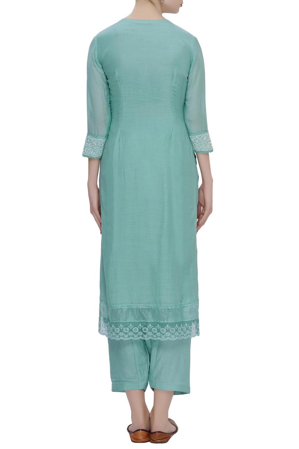 Blue Cotton Silk Embroidered Kurta Set